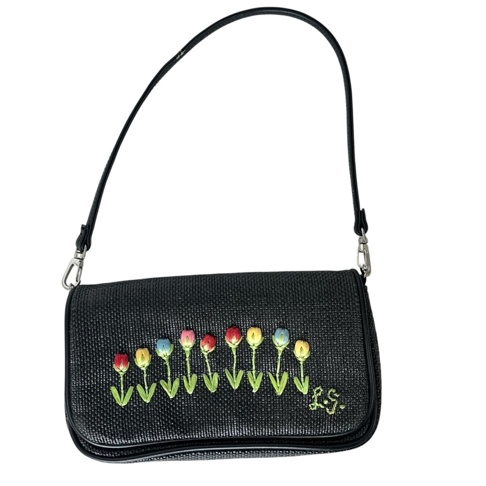 Lulu Guiness London Straw Tulip Embroidered Small Black Rafia Handbag/Clutch